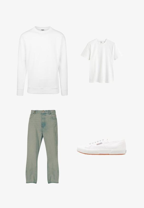 Weißer Sweatshirt aus weichem Stoff. Mit langen Ärmeln, Rundhalsausschnitt, gerippten Bündchen und Saum. Einfaches und minimalistisches Design.; Weißes Baumwoll-T-Shirt mit Rundhalsausschnitt, kurzen Ärmeln und lässiger Passform. Glatte Textur und keine sichtbaren Muster oder Akzente.; Hellblaue Jeans mit geradem Bein, auf der Vorderseite mit Knöpfen, Gürtelschlaufen und vorderen Taschen, vor weißem Hintergrund präsentiert.; Weiße Leinensneaker mit Gummisohle, Schnürdesign und einem kleinen Logolabel an der Seite. Strukturierte weiße Oberseite und braune Außensohle.