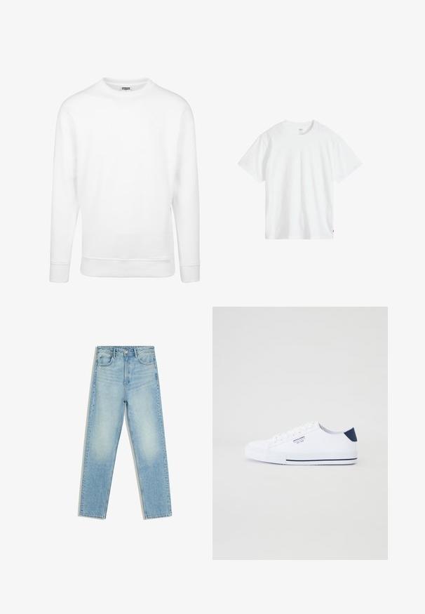 Witte sweatshirt van zachte stof. Beschikt over lange mouwen, een ronde halslijn, geribbelde manchetten en zoom. Eenvoudig en minimalistisch ontwerp.; Wit katoenen T-shirt met een ronde hals, korte mouwen en een ontspannen pasvorm. Voorzien van een klein merklipje aan de linkeronderkant.; Lichtblauwe, rechte high-waist spijkerbroek met voor- en achterzakken en knoopsluiting op een witte achtergrond.; Witte canvas sneakers met een marineblauwe hielaccent, platte rubberen zool, ronde neus en witte veters. Kenmerkt logo op de zijkant.