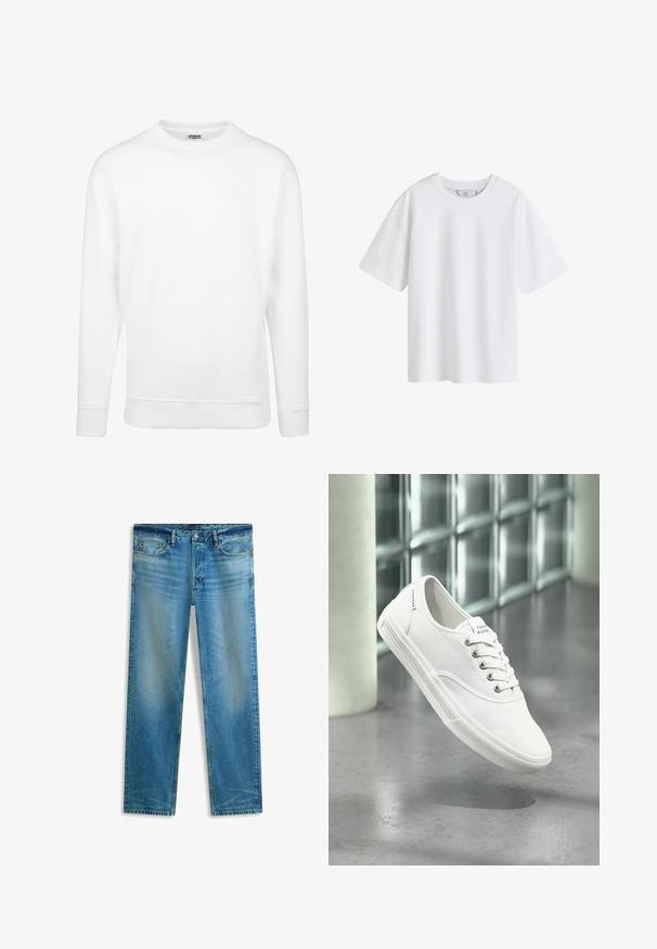 Witte sweatshirt van zachte stof. Beschikt over lange mouwen, een ronde halslijn, geribbelde manchetten en zoom. Eenvoudig en minimalistisch ontwerp.; Effen wit katoenen T-shirt met korte mouwen en een ronde hals, van voren getoond op een witte achtergrond.; Heren jeans met rechte pijpen in blauwe denim met vervaagde details, een ontwerp met vijf zakken en een knoopsluiting.; Witte lage canvas sneaker met veters, met label Tommy Hilfiger, getoond zwevend boven een gladde grijze vloer nabij een muur van glasblokken.
