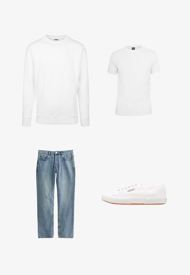 Hvid sweatshirt lavet af blødt stof. Har lange ærmer, rund halsudskæring, ribbede manchetter og kant. Enkel og minimalistisk design.; Hvid kortærmet t-shirt, lavet af bomuld, med en klassisk rund hals og en glat tekstur, designet til afslappet brug.; Lyseblå denimjeans med lige ben, fem lommer og knaplukning. Stof har en let falmet tekstur.; Hvide kanvas sneakers med gummisål, snørebåndsdesign og et lille logo mærke på siden. Tekstureret hvid overdel og brun ydersål.