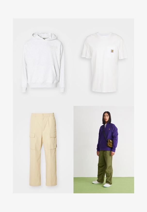 Grå bomulds-hættetrøje med en kengurulomme, snoretræk i hætten og et diskret broderet stjernedesign på brystet. Glat tekstur.; Hvid bomulds T-shirt med korte ærmer, en brystlomme, og et lille firkantet logo patch i orange og hvid på lommen.; Beige cargo bukser lavet af stof med elastisk talje og knaplukning. Har to sidelommer og et enkelt design.; Jordan AIR JORDAN 1 ZM CMFT 2 - Sneakers high - summit white/bicoastal/oxidized green