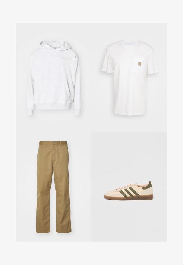 Grå bomulds-hættetrøje med en kengurulomme, snoretræk i hætten og et diskret broderet stjernedesign på brystet. Glat tekstur.; Hvid bomulds T-shirt med korte ærmer, en brystlomme, og et lille firkantet logo patch i orange og hvid på lommen.; Khaki chinos med lige bendesign, lavet af glat bomuldsstof. Har en knaplukning foran og sidelommer.; Beige Adidas Spezial sneaker med lav profil, grønne striber, gummisål og "SPEZIAL"-branding på siden, vist fra ydersiden.