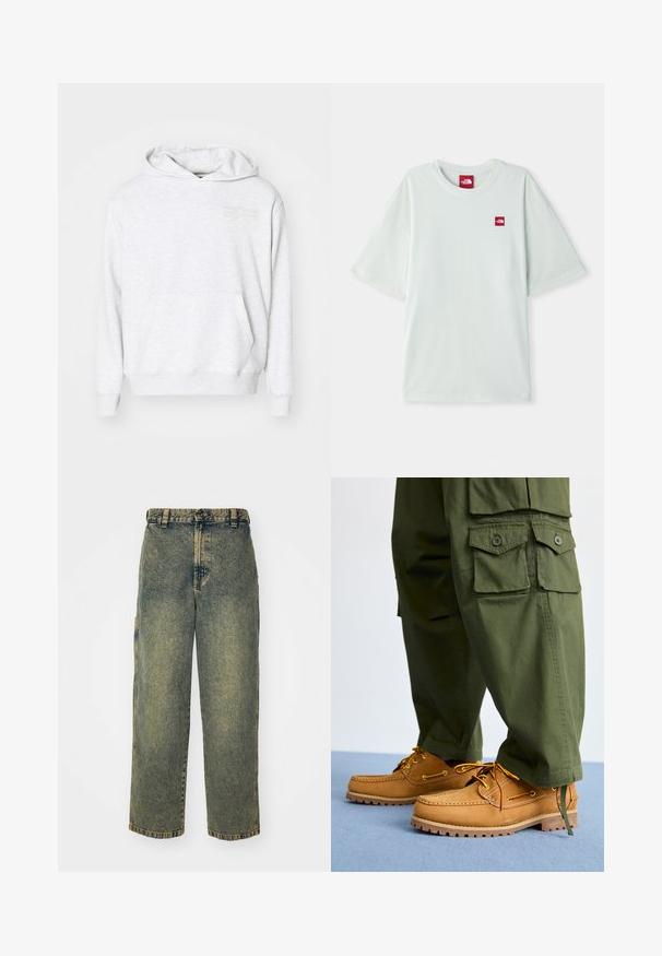 Grå bomulds-hættetrøje med en kengurulomme, snoretræk i hætten og et diskret broderet stjernedesign på brystet. Glat tekstur.; Lysegrøn kortærmet t-shirt lavet af blød bomuld, med et lille rødt logo på venstre brystområde. Løs pasform og rund halsudskæring.; Slidse denim jeans i en falmet blå og grøn vask. Har en knaplukning, bælteløkker og sidelommer. Flad front og lige ben-design.; Timberland AUTHENTIC 3 EYE - Sejlersko - wheat