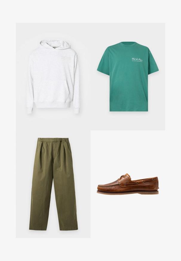 Grå bomulds-hættetrøje med en kengurulomme, snoretræk i hætten og et diskret broderet stjernedesign på brystet. Glat tekstur.; Grøn T-shirt med korte ærmer og rund hals, med hvid "Work In Progress" tekst og mindre tekst under på øverste venstre bryst.; Olivengrønne bukser med vidde ben, elastisk talje og forreste læg, vist mod en lys baggrund.; Brune læder bådsko med syede detaljer, der har metaløjer, en forhøjet søm på tåen og en flad gummisål.
