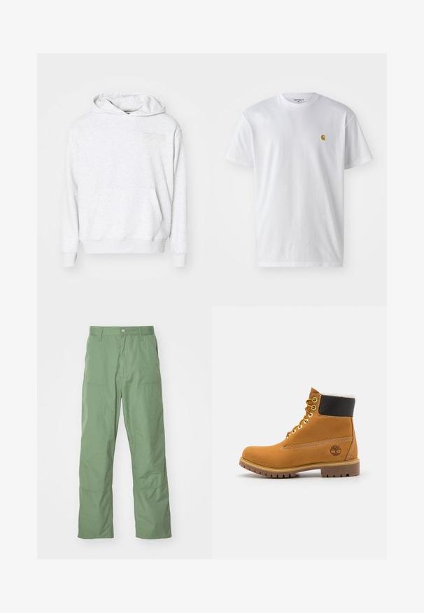 Grå bomulds-hættetrøje med en kengurulomme, snoretræk i hætten og et diskret broderet stjernedesign på brystet. Glat tekstur.; Hvid bomulds t-shirt med korte ærmer, rund hals og et lille guld logo på venstre brystområde. Blød tekstur og almindelig pasform.; Lysgrønne, afslappede bukser med en glat tekstur, der har sidelommer og synlige syninger. Hel længde med et lige ben-design.; Brune læder ankelstøvle med metaløjer, hvid pelsforing, sort polstret krave, robust sål og præget logo på siden.