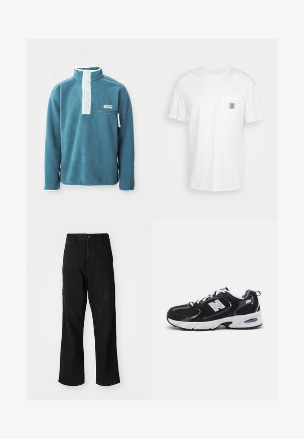 Tyrkysový fleece pulóver s vysokým golierom, predným zapínaním na štyri gombíky a zipsom na prsnom vrecku. Má biele lemovanie pozdĺž goliera a rukávov.; Biele bavlnené tričko s krátkymi rukávmi, vreckom na hrudi a malou štvorcovou nášivkou v oranžovej a bielej farbe na vrecku.; Čierne rovné džínsy s gombíkovým zapínaním, pútkami na opasok a prednými vreckami na jednoduchom bielom pozadí.; Čierne a šedé športové topánky s hornou časťou z mikrovlákna a zamatu, s bielou medzipodrážkou, šnúrkami a výrazným logom "N" na boku.