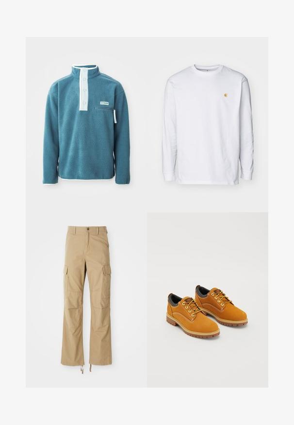 Teal fleece pullover med høj krave, front med fire knapper og en lynlåslomme på brystet. Har hvid kant langs kraven og ærmerne.; Hvid langærmet t-shirt lavet af bomuld. Har et lille gyldent logo på brystet og en rund halsudskæring. Enkel design og standard pasform.; Khaki cargo bukser lavet af slidstærkt stof, der har flere sidelommer, en lige ben-design og justerbare snore i kanten.; Brune ruskindssko med rund tå, gule snørebånd, en polstret sort krave og gummisåler med skridsikre riller.