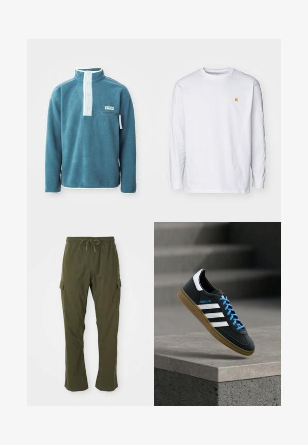 Tyrkysový fleece pulóver s vysokým golierom, predným zapínaním na štyri gombíky a zipsom na prsnom vrecku. Má biele lemovanie pozdĺž goliera a rukávov.; Biely tričko s dlhým rukávom z bavlny. Na hrudi má malé zlaté logo a okrúhly výstrih. Jednoduchý dizajn a štandardný strih.; Olivovo zelené cargo nohavice s elastickým pásom, šnúrkou a bočnými vreckami. Tkanina vyzerá jemná s hladkým povrchom.; Čierna teniska Adidas s bielymi pruhmi, modrými šnúrkami a gumovou podrážkou, ktorá sa vznáša nad sivým betónovým schodom v mäkkom svetle.
