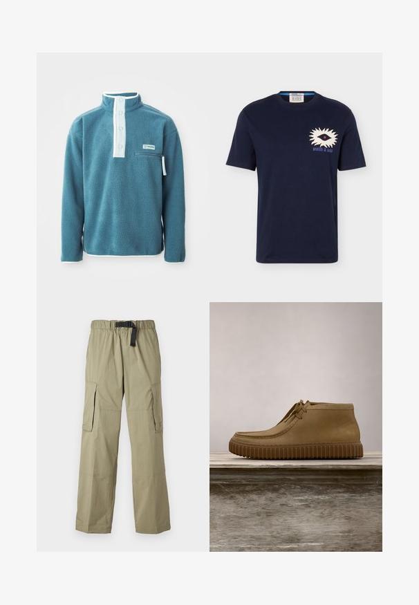 Tamaris-farbenes Fleece-Pullover mit hohem Kragen, vierknöpfem Vorderseite und einer Reißverschlusstasche auf der Brust. Mit weißen Akzenten entlang des Kragens und der Ärmel.; Marineblaues T-Shirt mit kurzen Ärmeln, weißer Sonnenstrahlen-Augen-Grafik und dem Schriftzug „scotch & soda“ auf der linken Brust.; Helle Olivfarbene Cargohosen mit elastischem Bund und Gürtel, ausgestattet mit zwei Seitentaschen und einer glatten Textur, die für Komfort und Funktionalität ausgelegt sind.; Braune Wildleder Stiefeletten mit runder Zehenform, ausgestattet mit einer einfachen Schnürung und einer geriffelten Gummisohle für besseren Halt und Langlebigkeit.