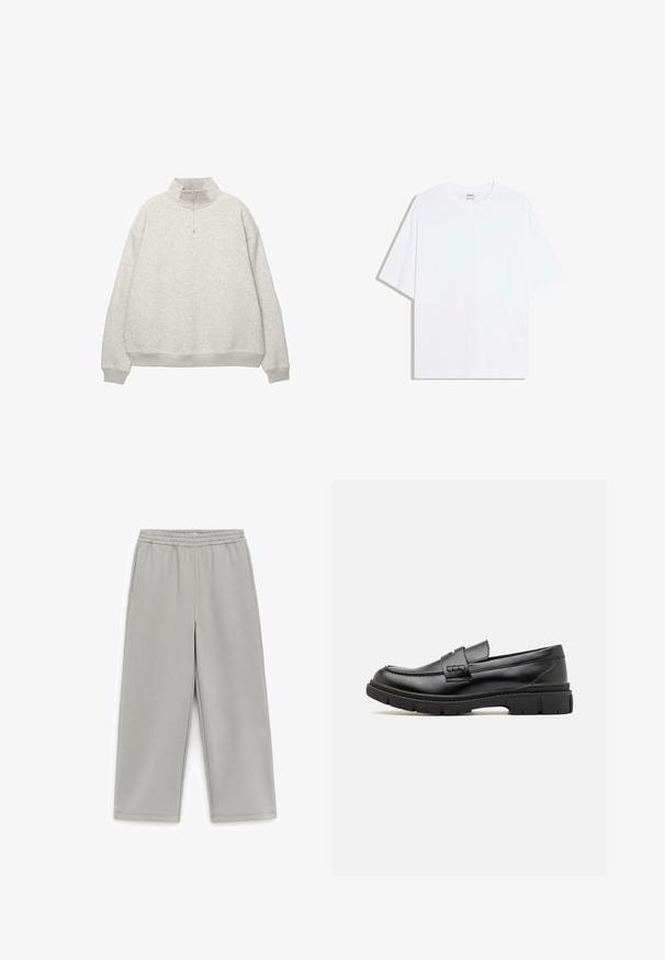 Sweatshirt gris clair avec un col montant et une fermeture zippée à mi-hauteur. Présente des épaules tombantes et des poignets et un ourlet côtelés. Texture douce.; T-shirt oversize en coton blanc avec un col rond et des manches courtes ; texture lisse, sans motifs ni accents visibles.; Pantalon gris clair à jambes larges avec taille élastique et poches latérales, fabriqué en tissu doux, présenté sur un fond blanc.; Mocassin en cuir noir avec une large sangle sur le devant, semelle en caoutchouc à épaisse rainure, et texture lisse. Design classique et élégant.