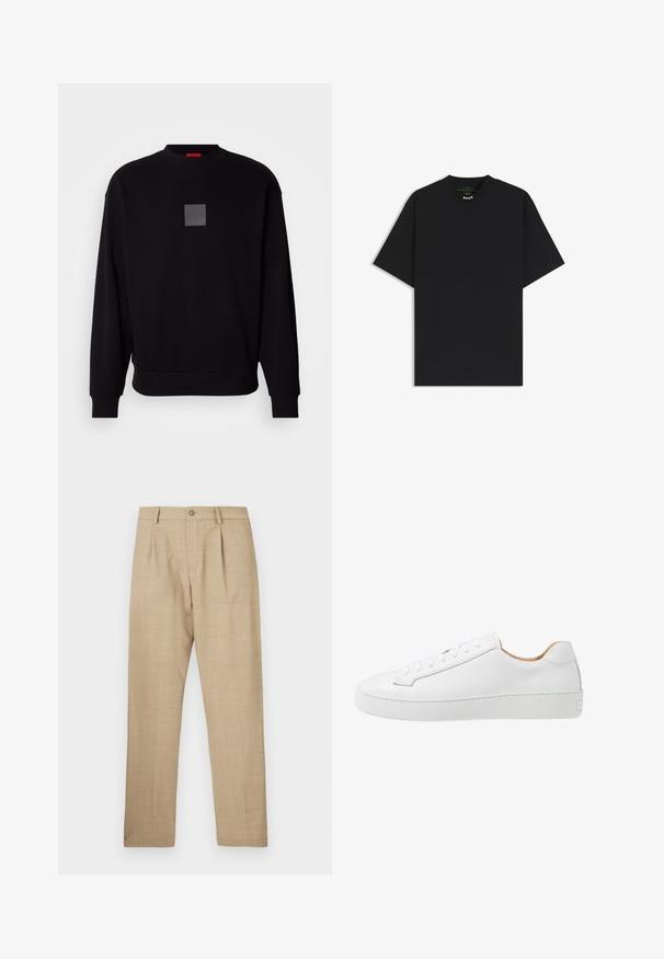 Schwarze Sweatshirt mit langen Ärmeln, rundem Ausschnitt, grauem quadratischen Logo auf der Vorderseite, weicher Textur und gerippten Bündchen und Saum.; Schwarzes T-Shirt mit kurzen Ärmeln, rundem Ausschnitt und kleinem "BOSS"-Label im Kragen hinten.; Beige maßgeschneiderte Hose mit Knopf- und Reißverschluss, Gürtelschlaufen und vorne liegenden Falten, flach auf weißem Hintergrund präsentiert.; Weiße Ledersneaker mit glatter Oberfläche, abgerundeter Zehenpartie, flachem Schnürdesign und einer dicken Gummisohle mit strukturiertem Grip-Muster.
