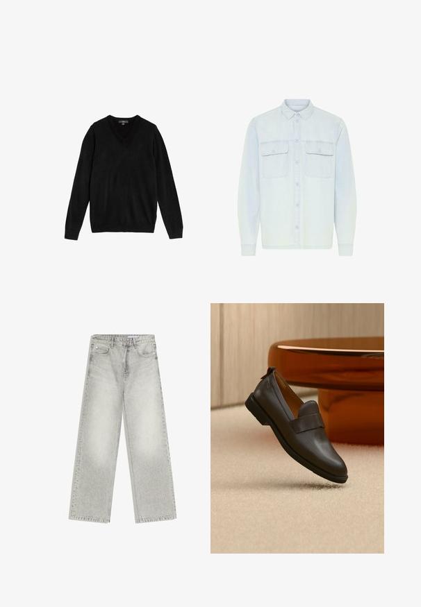 Zwart V-hals trui gemaakt van zachte, gebreide stof. Lange mouwen, geribde boorden en zoom, eenvoudig ontwerp zonder patronen of accenten.; Lichtblauw denim overhemd met lange mouwen, twee voorzakken met kleppen en knopen, en een spitse kraag.; Lichtgrijze, wijduitlopende spijkerbroek met een verweerde afwerking. Voorzien van vijf zakken en riemlussen. Gemaakt van stevig, textuurrijk katoen.; Donkerbruine leren loafer met een lage hak zwevend boven een beige tapijt, naast een glanzende, afgeronde, amberkleurige tafel.