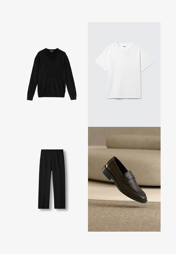 Suéter negro con cuello en V hecho de tejido suave y de punto. Mangas largas, puños y bajo acanalados, diseño sencillo sin patrones ni detalles.; Camiseta blanca de manga corta con cuello redondo, colocada plana, diseño liso, con etiqueta "WEEKDAY" en el interior del cuello sobre un fondo claro.; Pantalones negros de pierna recta con pliegues delanteros, cintura con botones y bolsillos laterales sobre fondo blanco liso.; Zapato mocasín de cuero negro descansando sobre una alfombra beige con un sofá beige curvado en el fondo.
