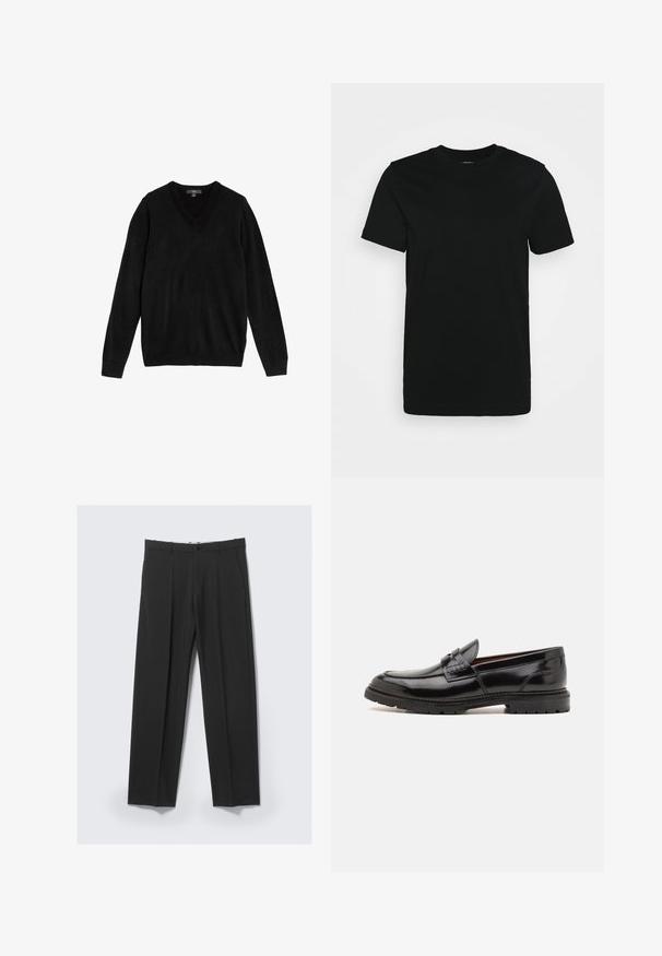 Schwarzer V-Ausschnitt-Pullover aus weichem, gestricktem Stoff. Lange Ärmel, gerippte Bündchen und Saum, schlichtes Design ohne Muster oder Akzente.; Schwarzes kurzärmliges T-Shirt aus glattem Baumwollstoff, mit Rundhalsausschnitt und einem schlichten Design ohne Muster oder Akzente.; Schwarze, maßgeschneiderte Hose mit vorderen Falten, Seitentaschen, Gürtelschlaufen und Knopfverschluss am Bund vor hellem Hintergrund.; ALDO ALERIS - Slipper - black