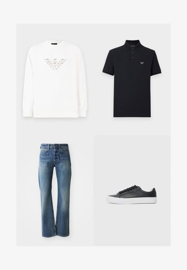 Sudadera blanca con un diseño de logo texturizado y multicolor en el centro. Mangas largas y cuello redondo con ribete. Material suave.; Polo azul marino con cuello clásico, tapeta de tres botones y logo bordado en el pecho. Hecho de algodón, con mangas cortas.; Vaqueros de mezclilla en un color azul claro a medio, con corte recto, diseño clásico de cinco bolsillos y un sutil desgaste en la parte frontal.; Zapatilla de cuero negra con suela de goma blanca, punta redonda y cordones negros, con una textura suave y un diseño minimalista.