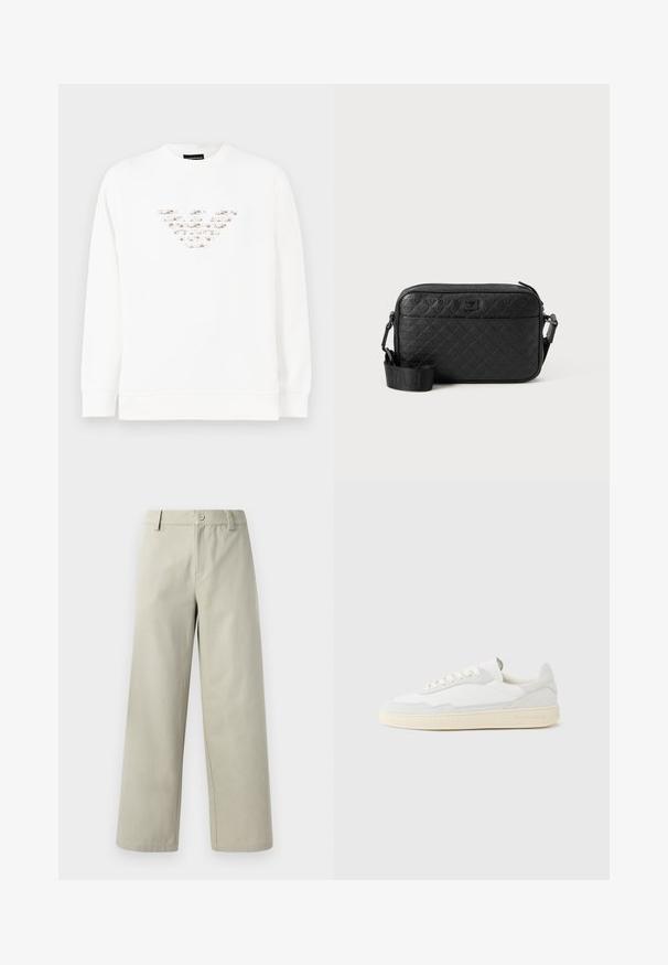 Hvid sweatshirt med et struktureret, flerfarvet logo designet i midten. Lange ærmer og en ribbet rund halsudskæring. Blødt materiale.; Han Kjøbenhavn WIDE LEG - Bukser - light grey; Hvid sneakers med en øvre del i tekstureret ruskind og læder. Har rundet tå, snørelukning og kontrasterende beige gummisål.; Sort tekstureret crossover-taske med prægede geometriske mønstre og justerbar rem med brandlogo.