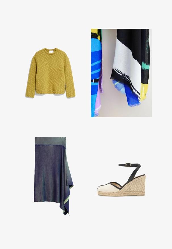 Gul strikket sweater med et struktureret hørmønster, rund halsudskæring og lange ærmer. Etikett synlig på sidesømmen.; Mørkeblå strikket nederdel med meget fine hvide lodrette striber og en asymmetrisk draperet kant på den ene side.; Kile-espadrille med beige lærredsspids, sort læder ankelrem med guldlås og flettet jutesål med plateau.; Stofstykker med abstrakte designs i sort, hvid, blå, gul, lilla og grøn hængende mod en ensartet lys baggrund.