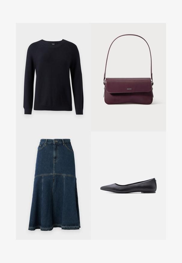 Marineblauwe gebreide trui met een ronde hals, lange mouwen en ribgebreide manchetten en zoom. Tekstuurpatroon door de stof heen.; Denim rok in donk blauw met een uitlopende vorm, featuring een hoge taille, voorzakken en een ruwe zoom. Versleten textuur en stikseldetails.; Zwarte platte leren schoen met puntige neus en lage hak, zijaanzicht tegen een witte achtergrond.; Bordeauxrode leren handtas met een gestructureerd ontwerp, voorzien van een klepsluiting en een verstelbare riem. Logo detail geperst aan de voorkant.