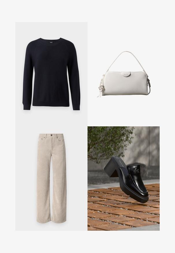 Pull en tricot marine avec un col rond, des manches longues et des poignets et un ourlet côtelés. Motif texturé sur l'ensemble du tissu.; Pantalons larges en velours côtelé beige avec des rayures verticales, dotés d'un bouton de fermeture et de poches avant. Tissu doux et texturé avec une coupe décontractée.; Mule slip-on en cuir noir Calvin Klein avec talon bloc reposant sur des carreaux en bois à l'extérieur près d'une plante verte et d'un mur gris.; Sac à main rectangulaire blanc Calvin Klein avec une seule poignée, design minimaliste et pampilles décoratives avec un charm métallique géométrique sur le côté.