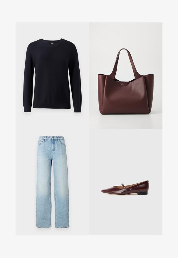 Marineblå strikket trøje med rund halsudskæring, lange ærmer og ribbede manchetter og kant. Struktureret mønster gennem stoffet.; Lysblå denim bukser med vid ben, klassisk fem-lomme-design, knaplukning og subtilt slitage for tekstur.; Burgundyrød patenteret lædersko med spids tå og en dekorativ rem over vristen. Har en lav sort hæl.; Bordeaux læder tote taske med struktureret form, tekstureret overflade og dobbelte håndtag. Har et metallisk logoaccent foran.