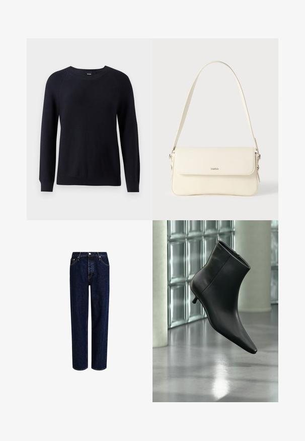 Pull en tricot marine avec un col rond, des manches longues et des poignets et un ourlet côtelés. Motif texturé sur l'ensemble du tissu.; Jeans en denim bleu foncé avec une coupe droite, dotés d'une taille haute, d'un style à cinq poches et de coutures contrastantes. Sans embellissements.; Bottine en cuir noir à bout pointu et petit talon kitten, présentée en angle devant un sol poli et un mur en blocs de verre.; Sac à bandoulière en cuir couleur crème avec fermeture à rabat, quincaillerie argentée, une bandoulière réglable et un logo discret.