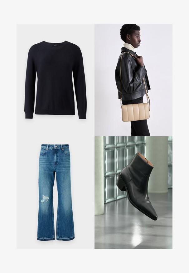 Marineblauwe gebreide trui met een ronde hals, lange mouwen en ribgebreide manchetten en zoom. Tekstuurpatroon door de stof heen.; Blauwe denim flared jeans met een rafelige zoom en een versleten patch op de linker bovenbeen. Kenmerken een klassieke vijf-pocket ontwerp en metalen knopen.; Zwarte leren enkellaars met een spitse neus en blokhak die zweeft boven een reflecterende grijze vloer nabij een glazen blokmuur.; Beige leren crossbody tas met een gequilt ontwerp, rechthoekige vorm, dunne schouderband en zilverkleurige hardware, gedragen door een persoon in een zwarte jas.
