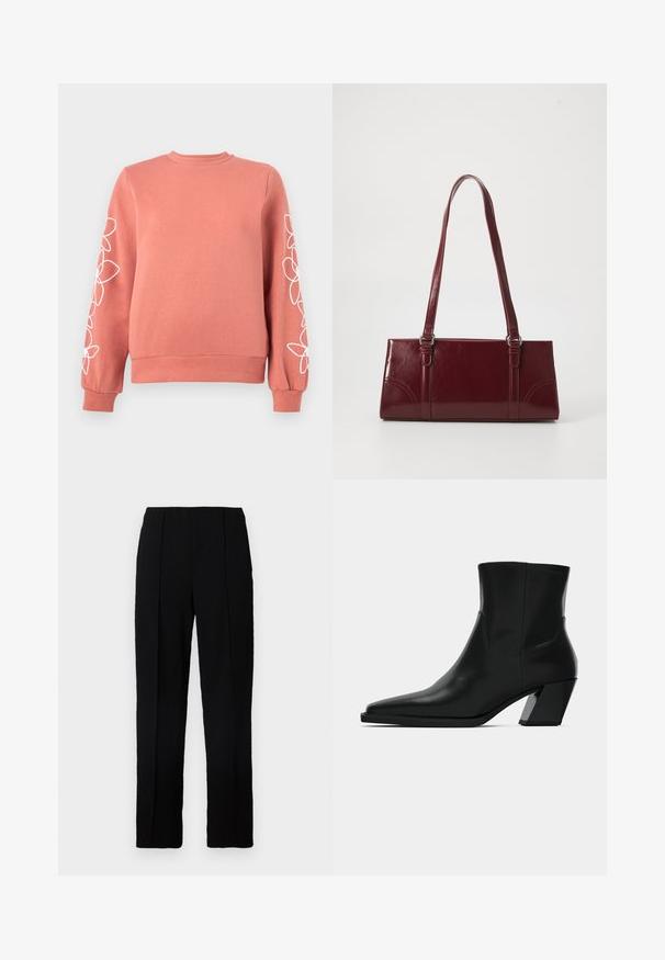 Sweat-shirt rose corail avec des motifs floraux blancs en lignes courant le long des deux manches, poignets, col et ourlet côtelés.; Pantalon noir à coupe droite, confectionné dans un tissu lisse, doté de deux plis à l'avant et d'une ceinture épurée.; Bottine en cuir noir avec un bout pointu, une silhouette élégante et un talon carré massif. Texture lisse avec des détails de couture minimalistes.; Sac à main bordeaux en matériau brillant, de forme rectangulaire, avec deux anses et des accents légèrement courbés à l'avant.