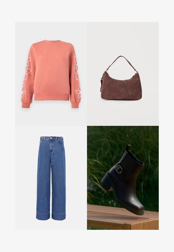 Sweat-shirt rose corail avec des motifs floraux blancs en lignes courant le long des deux manches, poignets, col et ourlet côtelés.; Jean en denim bleu à jambes larges avec ceinture tressée, bouton frontal et poches, présenté sur un fond uni.; Bottine en cuir noir avec un petit talon et une boucle latérale flottant au-dessus d'une surface en bois en extérieur avec un fond de feuillage vert.; Sac bandoulière en daim marron avec une anse unique et une fermeture éclair, présenté sur un fond clair uni.