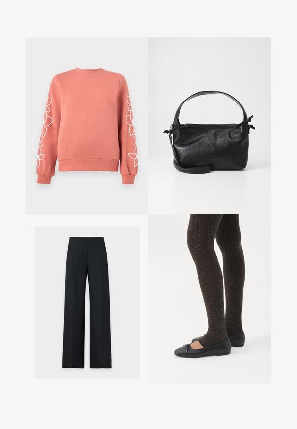 Sweat-shirt rose corail avec des motifs floraux blancs en lignes courant le long des deux manches, poignets, col et ourlet côtelés.; Pantalon noir à jambes larges, taille haute et pli à l'avant, présenté à plat sur un fond blanc uni. Pas de poches ni de fermetures visibles.; Jambes portant des leggings côtelés foncés associés à des ballerines noires avec de petits détails en nœud sur fond blanc.; Sac à main en cuir noir au design structuré, avec une poignée arrondie et une bandoulière amovible. Présente une texture lisse et un éclat subtil.