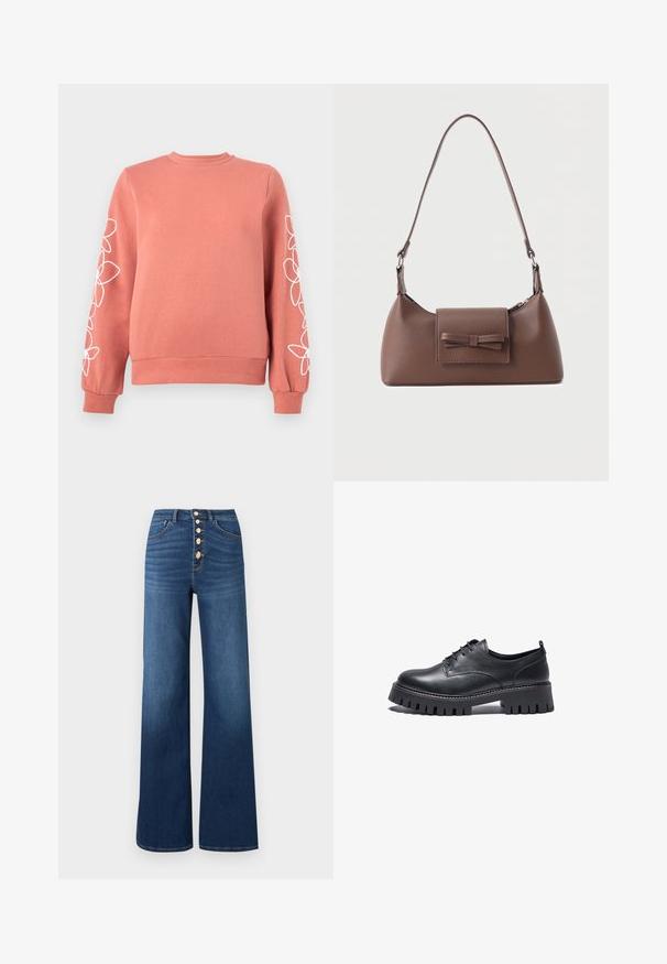 Sweat-shirt rose corail avec des motifs floraux blancs en lignes courant le long des deux manches, poignets, col et ourlet côtelés.; ONLY ONLMADISON BLUSH BUT WIDE - Jean boyfriend - medium blue denim; Chaussures en cuir noir avec un bout arrondi, un laçage et une semelle en caoutchouc épaisse et texturée avec des bords nervurés.; Sac à bandoulière en cuir marron avec une poche à rabat avant ornée d'un détail en forme de nœud cousu et une sangle réglable.