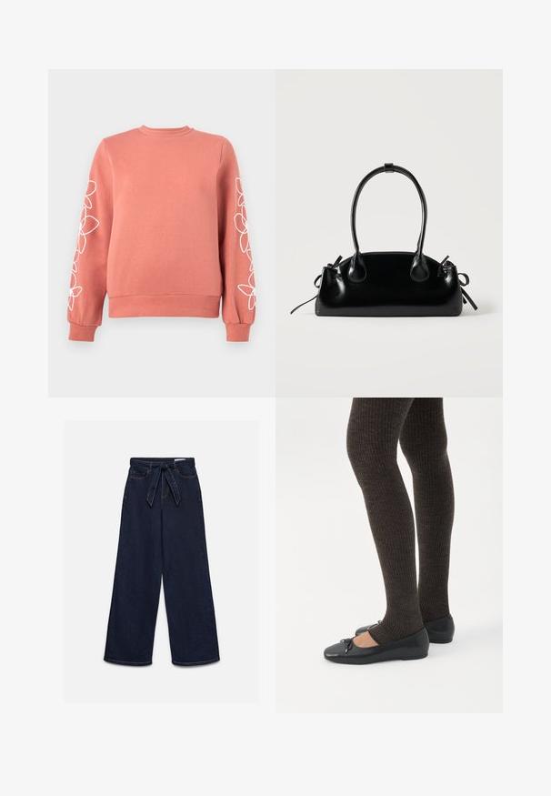 Sweat-shirt rose corail avec des motifs floraux blancs en lignes courant le long des deux manches, poignets, col et ourlet côtelés.; Jean taille haute bleu foncé à jambes larges avec poches avant et ceinture en tissu assortie nouée à la taille.; Jambes portant des leggings côtelés foncés associés à des ballerines noires avec de petits détails en nœud sur fond blanc.; Petit sac à main noir brillant avec deux longues anses et des détails à cordon sur les côtés sur un fond clair uni.