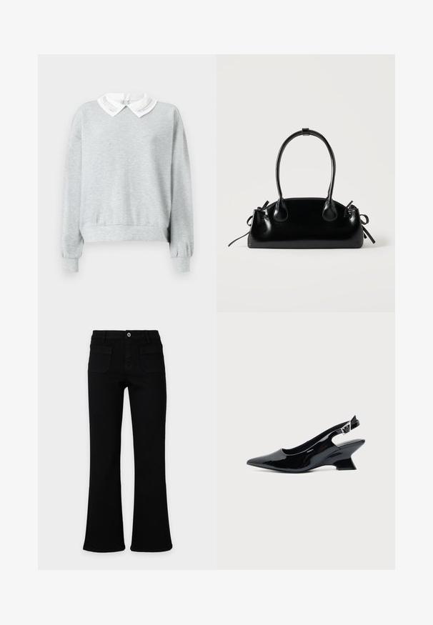 Sweatshirt gris avec un col blanc à rabat et des coutures décoratives. Manches longues avec des poignets élastiques et une coupe décontractée.; Jean noir évasé avec poches avant, passants de ceinture et fermeture à bouton, présenté sur un fond clair uni. Aucun marquage visible.; Chaussure slingback en cuir verni noir avec bout pointu et petit talon bloc incliné sur fond clair uni.; Petit sac à main noir brillant avec deux longues anses et des détails à cordon sur les côtés sur un fond clair uni.