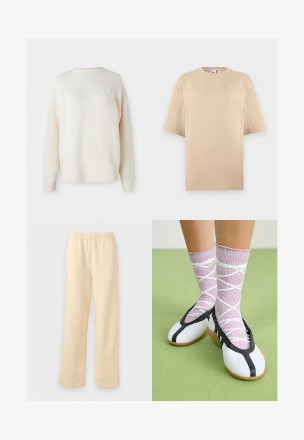 Witte, oversized fleece sweater met geribbelde manchetten en zoom. Heeft een klein, ton-sur-ton logo op de linkerkant van de borst. Zachte textuur en een ontspannen pasvorm.; Beige oversized T-shirt met korte mouwen, ronde hals en klein wit Adidas trefoil-logo op de linker bovenborst.; Lichtbeige rechte broek met elastische tailleband, plat uitgestald op een effen lichte achtergrond.; Benen met geribbelde lavendelkleurige sokken met witte kruisbanden, gecombineerd met witte ballerina's met zwarte bies op een groene vloer.