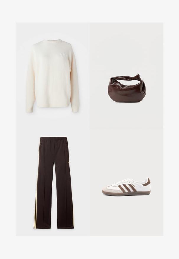 Pull en polaire blanc, oversize, avec des poignets et un ourlet côtelés. Présente un petit logo ton sur ton sur la poitrine gauche. Texture douce et coupe décontractée.; Pantalon de survêtement noir avec des bandes latérales jaunes, taille élastique, poches latérales zippées et un petit logo sur la partie supérieure de la cuisse.; Baskets Adidas Samba blanches avec des bandes en daim marron, semelle en caoutchouc marron et bout en daim beige, vues du côté extérieur sur un fond uni.; Sac bandoulière en cuir marron foncé avec une forme souple et décontractée et une anse nouée torsadée sur un fond blanc uni.