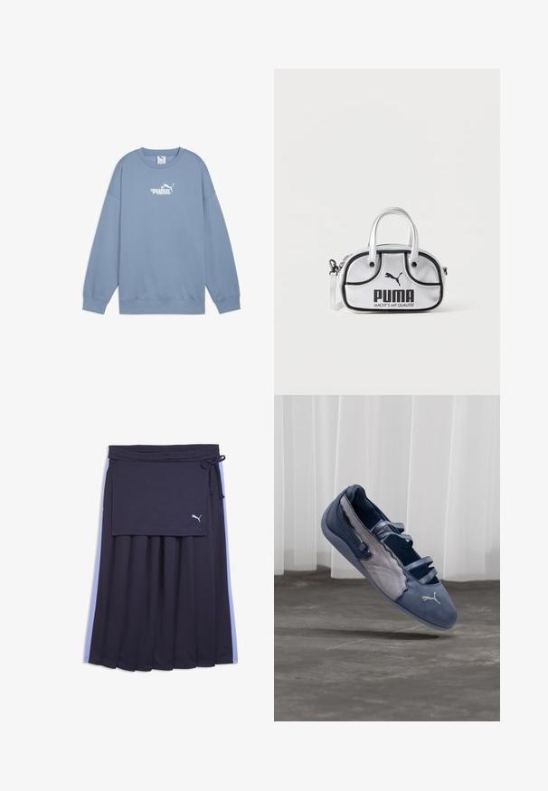 Lichtblauwe sweatshirt van zachte stof, met een ronde hals, lange mouwen en een wit logo met bloemenaccenten op de borst.; Marineblauwe geplooide rok met lichtblauwe zijstrepen, een vastgehecht overslagpaneel, een taille met trekkoord en een klein wit Puma-logo op het paneel.; Blauwe en grijze Puma platte schoen met drie elastische bandjes, een gestructureerd zijpaneel en een wit Puma-logo, zwevend boven een betonnen vloer.; Kleine zilveren Puma handtas met zwarte biezen, dubbele handvatten, afneembare schouderriem en Puma-logo met slogan aan de voorkant.