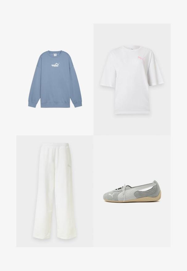 Lichtblauwe sweatshirt van zachte stof, met een ronde hals, lange mouwen en een wit logo met bloemenaccenten op de borst.; Witte T-shirt met korte mouwen en ronde hals, met een klein roze Puma-logo op de linkerborst.; Witte, losse sweatpants met elastische tailleband en subtiel logo aan de zijkant van de rechterdij.; Lichtgrijze Puma suède platte schoen met wit logo, veters aan de voorkant, uitgesneden zijkanten en beige gestructureerde zool, gezien vanaf de buitenkant.