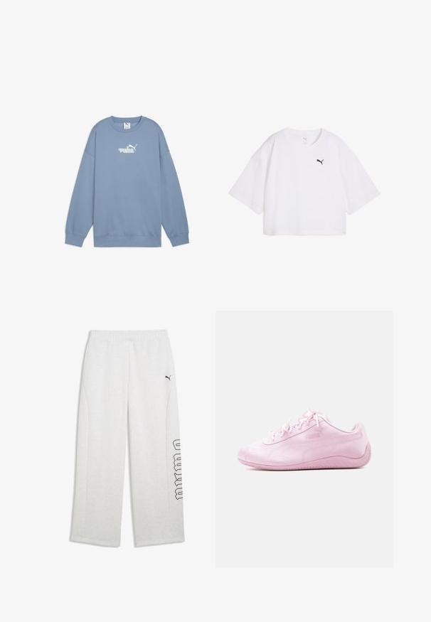 Lichtblauwe sweatshirt van zachte stof, met een ronde hals, lange mouwen en een wit logo met bloemenaccenten op de borst.; Witte cropped t-shirt van katoen. Voorzien van een ronde halslijn en losse korte mouwen. Zwart Puma-logo op de linkerborst.; Lichtgrijze joggingbroek met elastische tailleband, zijzakken, zwart Puma-logo op de linker bovenbeen en zwart omlijnde tekst op het rechterbeen.; Lage, lichtroze Puma-sneaker met vetersluiting en gestructureerde zool, gezien vanuit een zijaanzicht tegen een effen achtergrond.