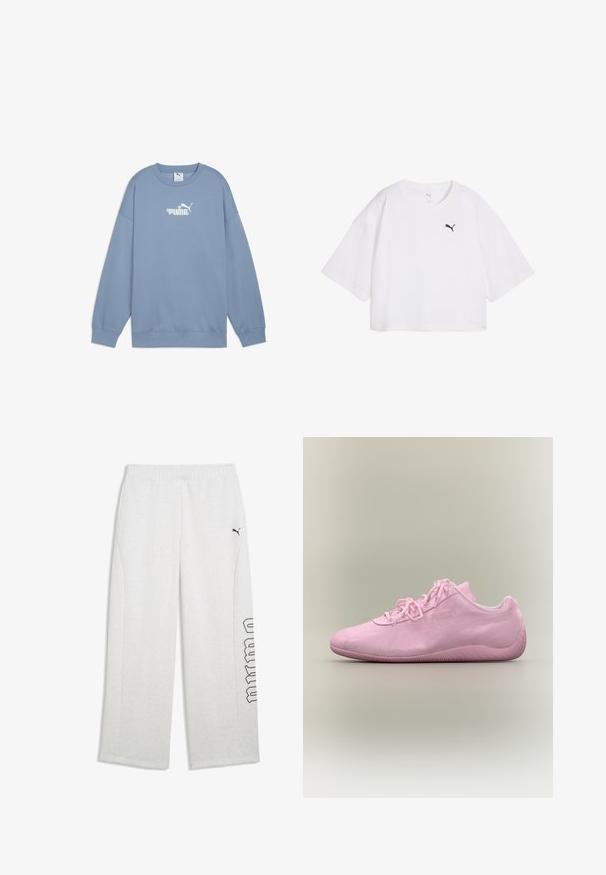Lichtblauwe sweatshirt van zachte stof, met een ronde hals, lange mouwen en een wit logo met bloemenaccenten op de borst.; Witte cropped t-shirt van katoen. Voorzien van een ronde halslijn en losse korte mouwen. Zwart Puma-logo op de linkerborst.; Lichtgrijze joggingbroek met elastische tailleband, zijzakken, zwart Puma-logo op de linker bovenbeen en zwart omlijnde tekst op het rechterbeen.; Lage roze Puma sneaker met gestructureerde zool, veters en subtiele merklogo's op een neutrale achtergrond.