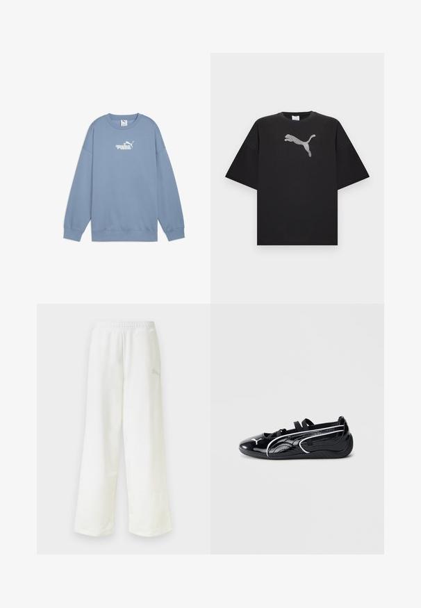 Lichtblauwe sweatshirt van zachte stof, met een ronde hals, lange mouwen en een wit logo met bloemenaccenten op de borst.; Zwart oversized T-shirt met korte mouwen, voorzien van een groot wit Puma-logo middenvoor.; Witte, losse sweatpants met elastische tailleband en subtiel logo aan de zijkant van de rechterdij.; Zwart gepatineerd leren schoen met een lage profiel, voorzien van een ronde neus, zwarte elastische banden en witte accenten langs de zijkanten.