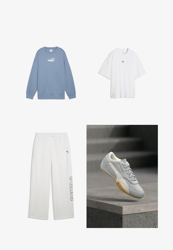 Hellblaues Sweatshirt aus weichem Stoff, mit Rundhals, langen Ärmeln und einem weißen Logo mit floralen Akzenten auf der Brust.; Weißes oversized T-Shirt mit kurzen Ärmeln und kleinem schwarzem Puma-Logo mittig auf der Brust.; Hellgraue Sweatpants mit elastischem Bund, Seitentaschen, schwarzem Puma-Logo am linken Oberschenkel und schwarzer Umriss-Schrift am rechten Bein.; Hellgrauer Sneaker mit weißem Seitenstreifen und Gummisohle, schwebend über einer Betonoberfläche positioniert, mit verschwommenen Stufen im Hintergrund.