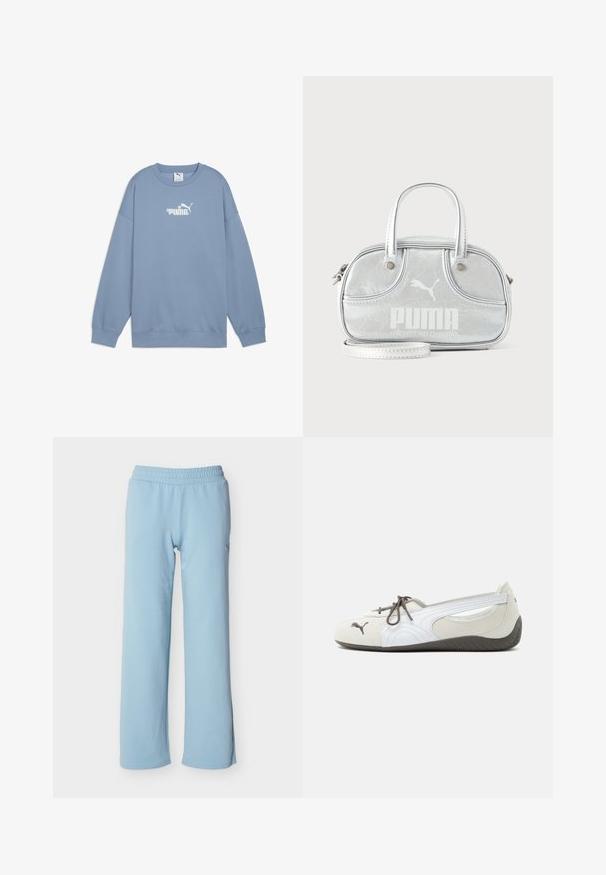Lichtblauwe sweatshirt van zachte stof, met een ronde hals, lange mouwen en een wit logo met bloemenaccenten op de borst.; Lichtblauwe sweatpants met elastische tailleband en rechte pijpen, gemaakt van zachte stof, getoond op een effen witte achtergrond.; Witte en grijze slip-on sneaker met bruine veters, Puma-logo aan de voorkant en een getextureerde donkere zool, zijaanzicht op een witte achtergrond.; Kleine metallic zilveren Puma-handtas met dubbele bovenhengsels, een lange riem, voorlogo en ritssluiting op een effen lichte achtergrond.