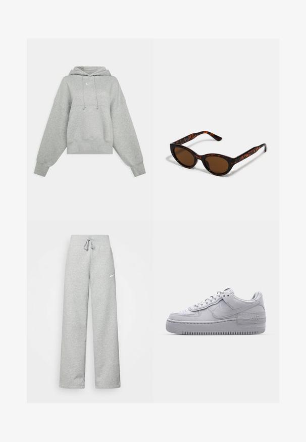 Grijze cropped hoodie van zacht materiaal. Heeft een verstelbare trekkoordcapuchon, brede mouwen en een klein logo op de voorkant.; Grijze sweatpants met een elastische tailleband, een trekkoord-detail en een klein wit Nike-logo op de linkerdij. Zachte stof, losvallend.; Grijze Nike Air Force 1 sneaker met geperforeerde neus, glad leren bovenwerk, dikke zool en verhoogde 'AIR' details op de hiel.; Bruine schildpad zonnebril met een vintage cat-eye vorm en bruine lenzen. Heeft gebogen armen met rode accenten.