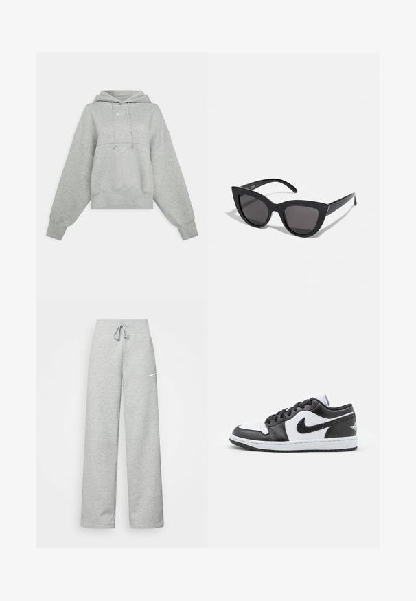 Grå cropped hoodie lavet af blødt materiale. Har en justerbar hætte med snoretræk, brede ærmer og et lille logo på forsiden.; Grå sweatpants med elastisk talje, snor detaljer og et lille hvidt Nike-logo på venstre lår. Blødt stof, løs pasform.; Sorte og hvide Nike lavtoppede sneakers har en glat læderoverdel, rund tå, snørelukning og en mønstret gummisål.; Sorte cat-eye solbriller med mat finish, der har grå tonede linser, skarpe vinkler og slanke sidearme. Mærkenavnet er synligt på den indre arm.