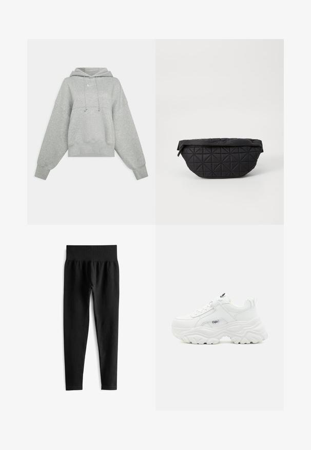 Grijze cropped hoodie van zacht materiaal. Heeft een verstelbare trekkoordcapuchon, brede mouwen en een klein logo op de voorkant.; Zwarte geribde legging met een brede, elastische tailleband. De stof lijkt rekbaar en gestructureerd, eindigend net boven de enkel.; Witte chunky sneakers met een soepel leren bovenwerk, ronde neus en een dikke, gestructureerde zool met een zichtbaar merklogo aan de zijkant.; Zwarte, gewatteerde tas met een zachte, gewatteerde textuur en een hoekig ruitpatroon, met een gebogen silhouet en ritssluiting.