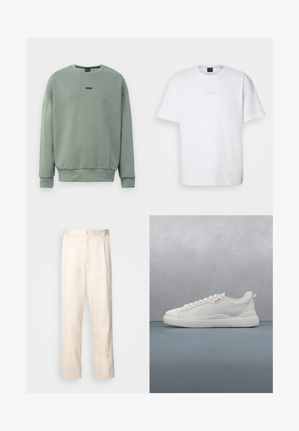 Sweatshirt vert menthe en tissu doux doté d'un col rond, de poignets côtelés et du logo "BOSS" brodé en noir à l'avant.; T-shirt en coton blanc à manches courtes, col rond, avec un logo « BOSS » en relief sur la poitrine. Texture lisse, coupe standard.; Pantalon en coton beige avec une coupe droite, présentant une fermeture à bouton et des plis sur le devant pour plus de détails.; Sneaker blanche avec une finition en cuir lisse, bout rond, quatre œillets, perforations subtiles et un détail de logo rouge sur le côté.