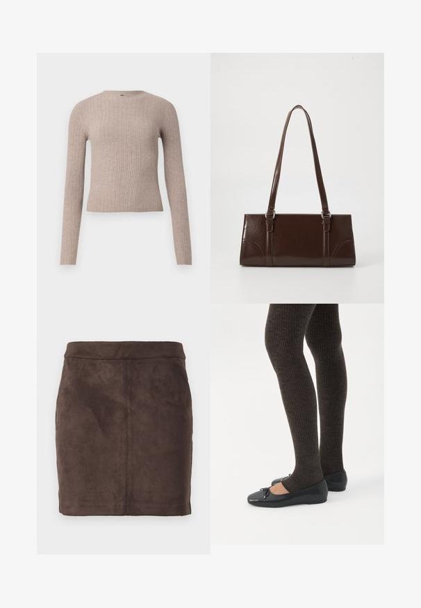 Pull long à manches longues beige côtelé avec un col rond et une silhouette ajustée, présenté sur un fond blanc uni.; Jupe mini en daim marron avec une texture lisse, un design effilé et une taille plate, comprenant des coutures verticales pour la structure.; Jambes portant des leggings côtelés foncés associés à des ballerines noires avec de petits détails en nœud sur fond blanc.; Sac à main en cuir verni marron de forme rectangulaire, avec deux longues poignées et des accents courbés subtils à l'avant.
