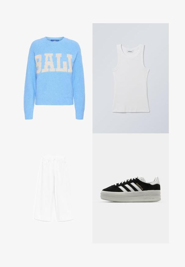 Lichtblauw gebreid sweater met een crème "BALI" logo op de borst. Ribbelstructuur bij de mouwen en de zoom, met een ronde halslijn.; Wit katoenen tanktop met een ronde halslijn en brede schouderbanden. Heeft een geribbelde textuur en een rechte zoom. Label zichtbaar aan de halslijn.; Witte denimbroek met wijde pijpen, voorste knoop- en ritssluiting, riemlussen en een ontwerp met vijf zakken.; Zwarte suède sneaker met witte leren accenten, drie witte strepen, platte veters en een dikke grijze platformzool. Gouden "Gazelle" branding.