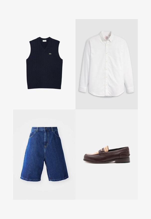 Lacoste Pullover - bleu marine vert; Chemise blanche à boutons en coton avec manches longues, col classique et ourlet arrondi. Dotée de boutons jaunes et d'un branding discret.; Shorts en denim avec un lavage bleu, dotés d'une taille haute, de deux poches avant et de coutures jaunes le long des bords.; Mocassin en cuir marron foncé avec un détail en tissu beige tissé sur le dessus, talon bas et bout arrondi, vu de profil.