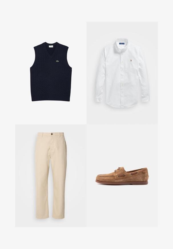 Lacoste Pullover - bleu marine vert; Chemise blanche en coton à boutons, avec un col classique, des manches longues et un petit logo brodé sur la poitrine gauche.; Pantalons en coton beige avec jambes droites, fermeture à bouton à l'avant, poches latérales et texture lisse. Design minimaliste, sans motifs visibles.; Mocassin en daim marron avec détails en lacet de cuir, pointe cousue et semelle en caoutchouc plate, présenté de profil sur un fond clair.