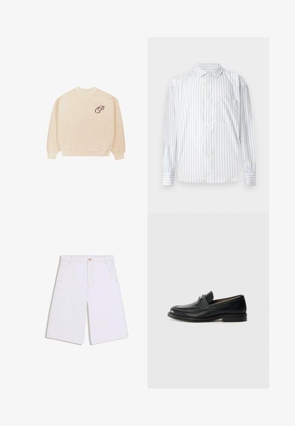 Pull en beige à col rond avec des manches longues et des bords côtelés, arborant un petit script brodé en noir "P" sur la poitrine gauche.; Chemise à manches longues avec boutons en blanc, dotée de fines rayures verticales rouges, texture douce, col pointu et une poche sur la poitrine gauche.; Shorts blancs arrivant aux genoux avec poches avant, passants pour ceinture et fermeture à bouton marron à la taille.; Mocassins en cuir noir avec une finition lisse, dotés d'une bande supérieure texturée, d'un talon bas et de détails de couture minimalistes.